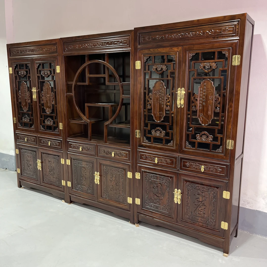 北方老榆木书柜三件套书房办公室古典书橱雕花置物陈列隔断客厅