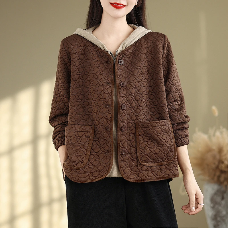 双口袋设计夹棉外套棉衣女式2025冬季新款时尚百搭咖啡色开衫外套