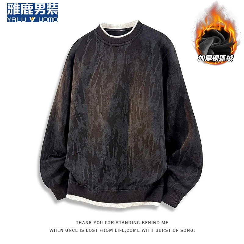 雅鹿男装扎染长袖卫衣男士新款时尚潮流假两件宽松圆领休闲上衣男