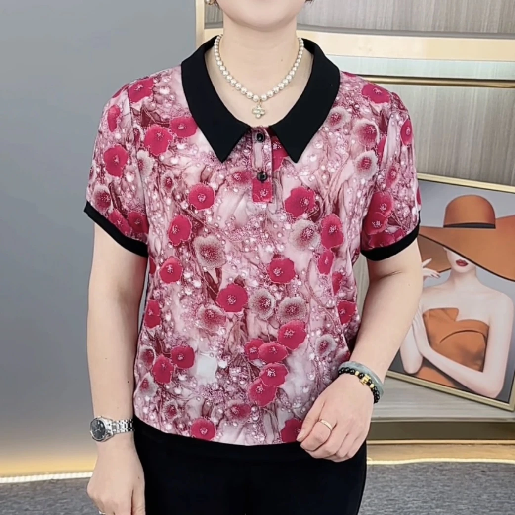 夏季新款时尚翻领印花洋气妈妈装宽松休闲百搭气质短袖上衣H806