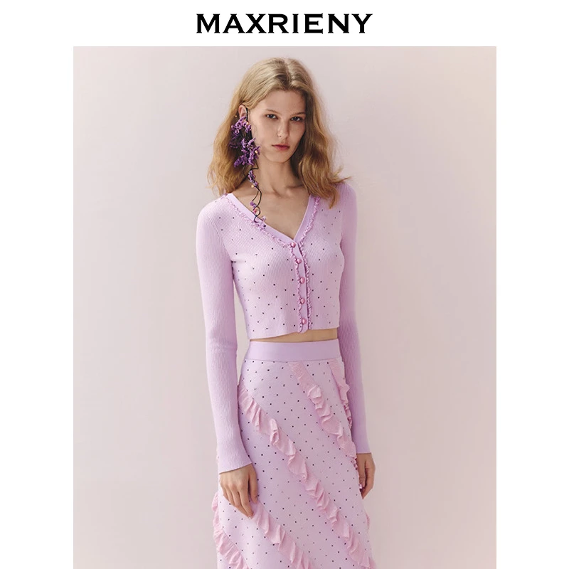 【蜜思仝】MAXRIENY25秋季新款浪漫风华丽烫钻V领长袖修身上衣