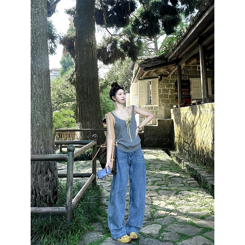 纯欲风辣妹性感绑带内搭内衣背心高级感吊带百搭显瘦直筒牛仔长裤