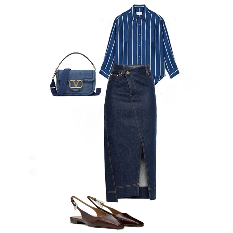 秋季2025新款女轻熟风高级感气质蓝色衬衫显瘦牛仔半身裙两件套