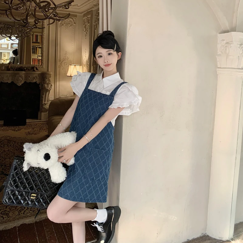 实拍实拍   夏季新款显瘦衬衫短袖牛仔色背带短裙减龄套装两件套