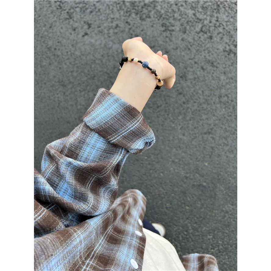 时尚复古咖蓝格子宽松长袖衬衫女中长款秋季休闲百搭韩版气质小众