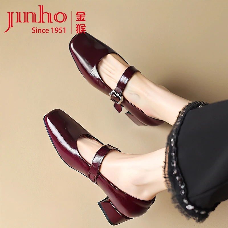 Jinho/金猴复古方头单鞋女浅口粗跟玛丽珍女鞋Q59181A