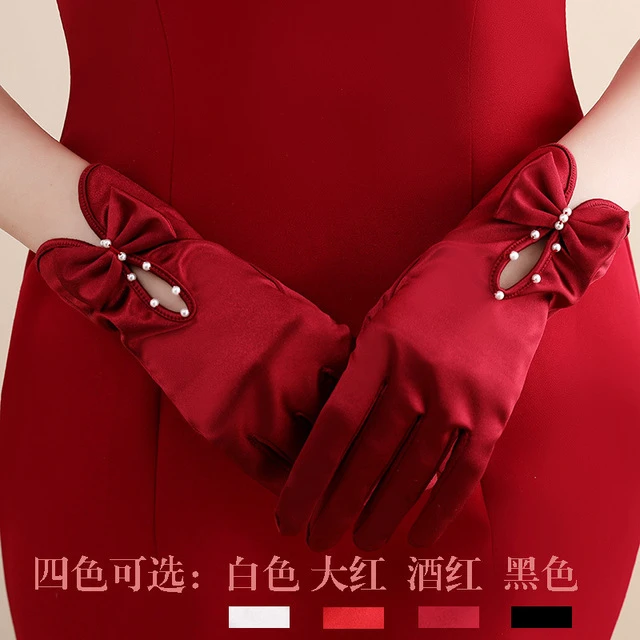 婚纱手套赫本风礼服手套缎面公主黑色白色高级法式结婚新娘红手套