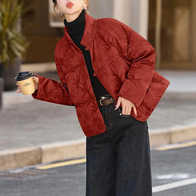 靓雅女【画廊少女】冬装国风提花盘扣短款棉服女高品质百搭保暖外套