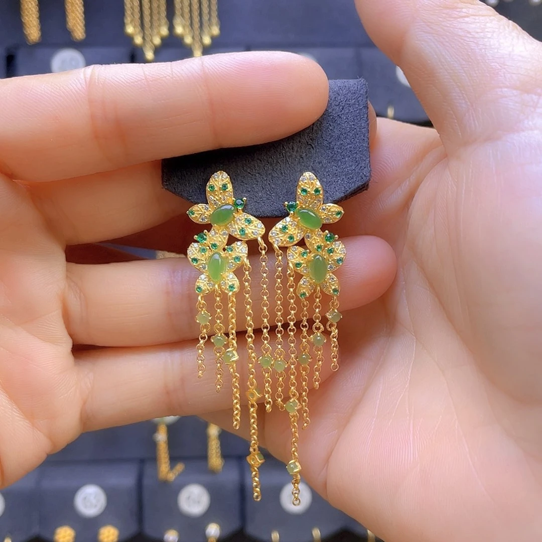 和田玉耳饰银S925镀金镶嵌