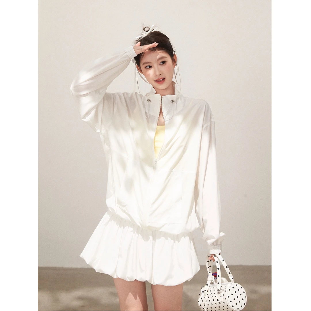 现货【谢不肉】立领薄款防晒长袖外套高腰花苞半身裙休闲套装5478