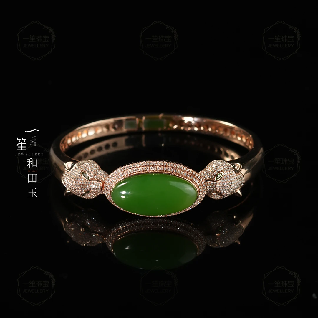 【一笙珠宝】天然和田玉碧玉传世级豹头手镯18k金镶裸石约25x12x3mm