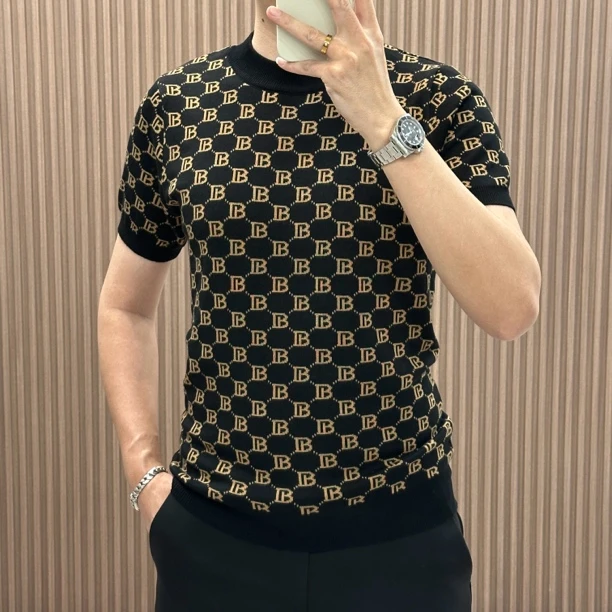 夏季男士短袖针织衫毛衣时尚休闲百搭轻奢修身提花圆领打底衫T恤