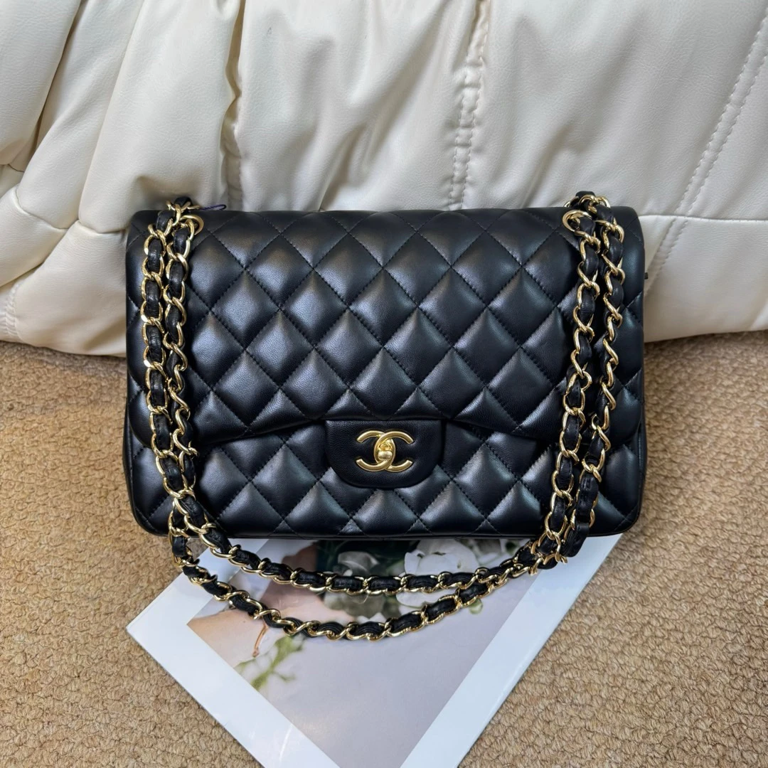 95新 Chanel/香奈儿 Chanel黑金羊皮经典cfjumbo双盖包/692591780