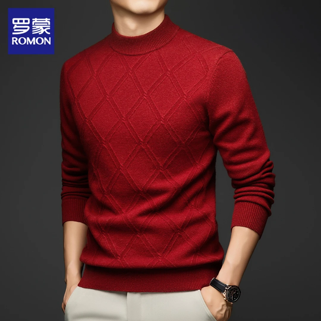罗蒙男士纯羊毛针织衫红色本命年冬季新款休闲圆领打底毛衣男装