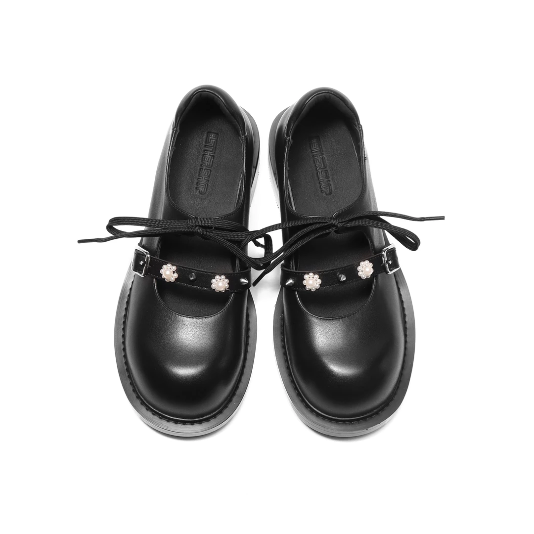 Asthershop原创 铆钉珍珠玛丽珍鞋圆翘头小皮鞋 黑色粗跟单鞋女鞋