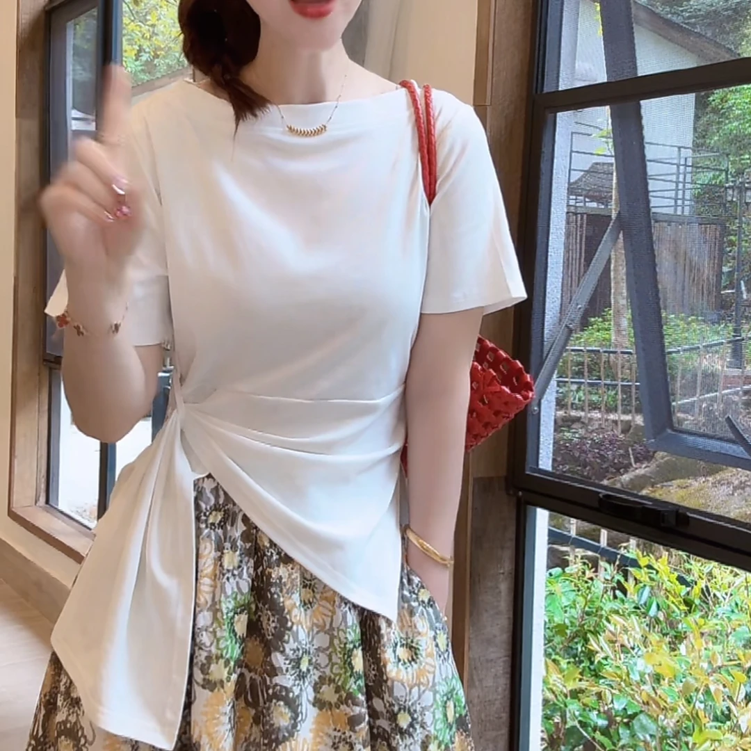 不规则圆领开叉短袖T恤女2025新款修身显瘦上衣设计感小众女夏季