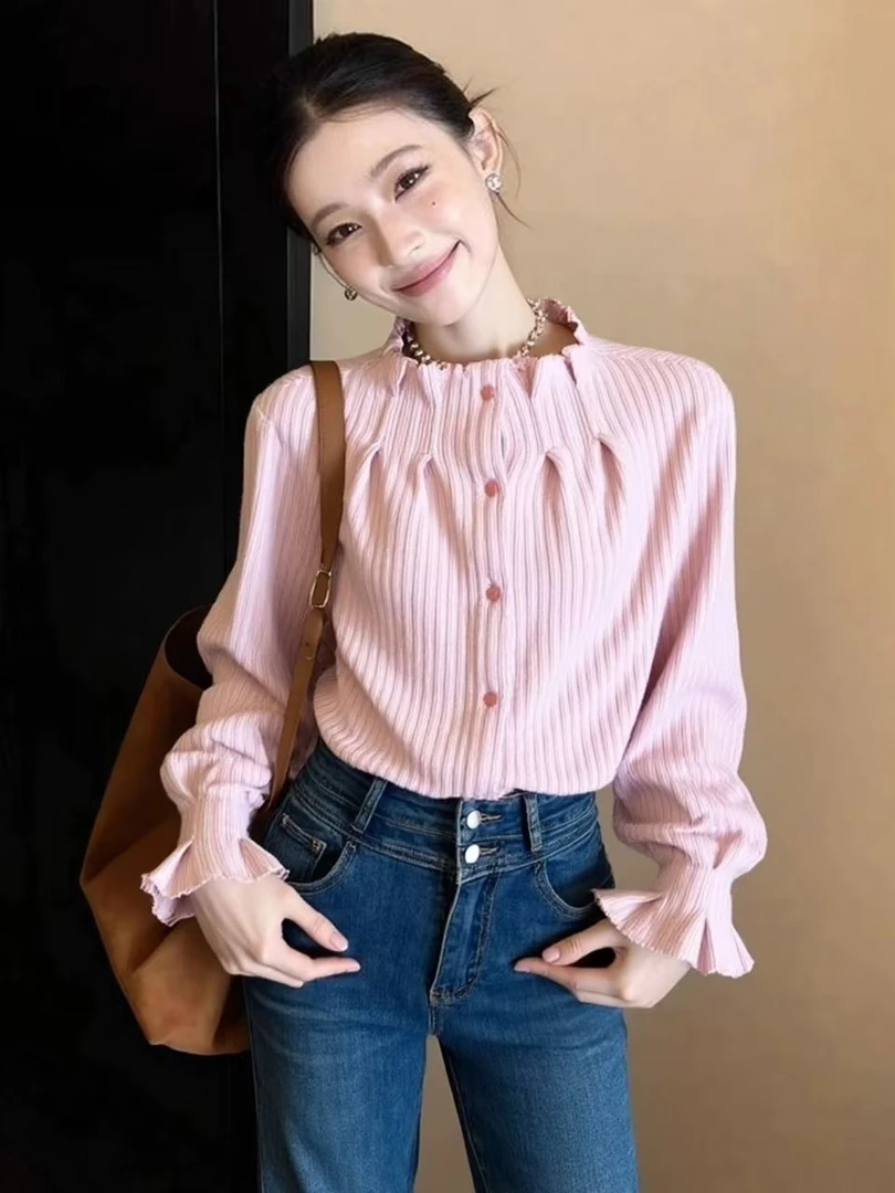 SS6007法式立领杏粉色长袖衬衫女秋冬季高级感轻奢减龄洋气上衣