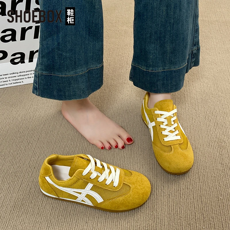 SHOEBOX鞋柜黄色德训鞋女2025新款爆款夏季软底网面透气阿甘鞋