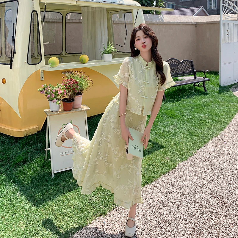 新中式国风盘扣碎花两件套女夏装新款今年流行时尚搭配一整套