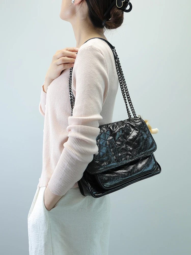 【DONGNARL】经典杨树林链条单肩斜挎包复古油蜡爆裂纹进口头层牛皮