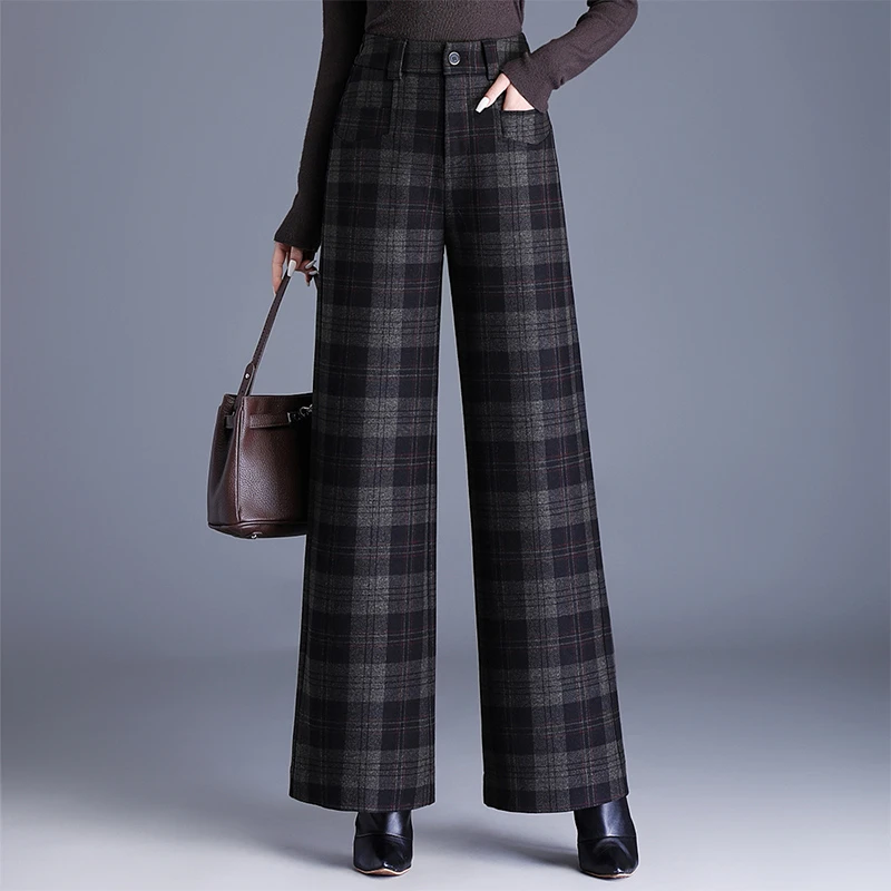 时尚毛呢格子窄版阔腿裤女秋冬2025新款高腰垂坠感直筒裤休闲长裤