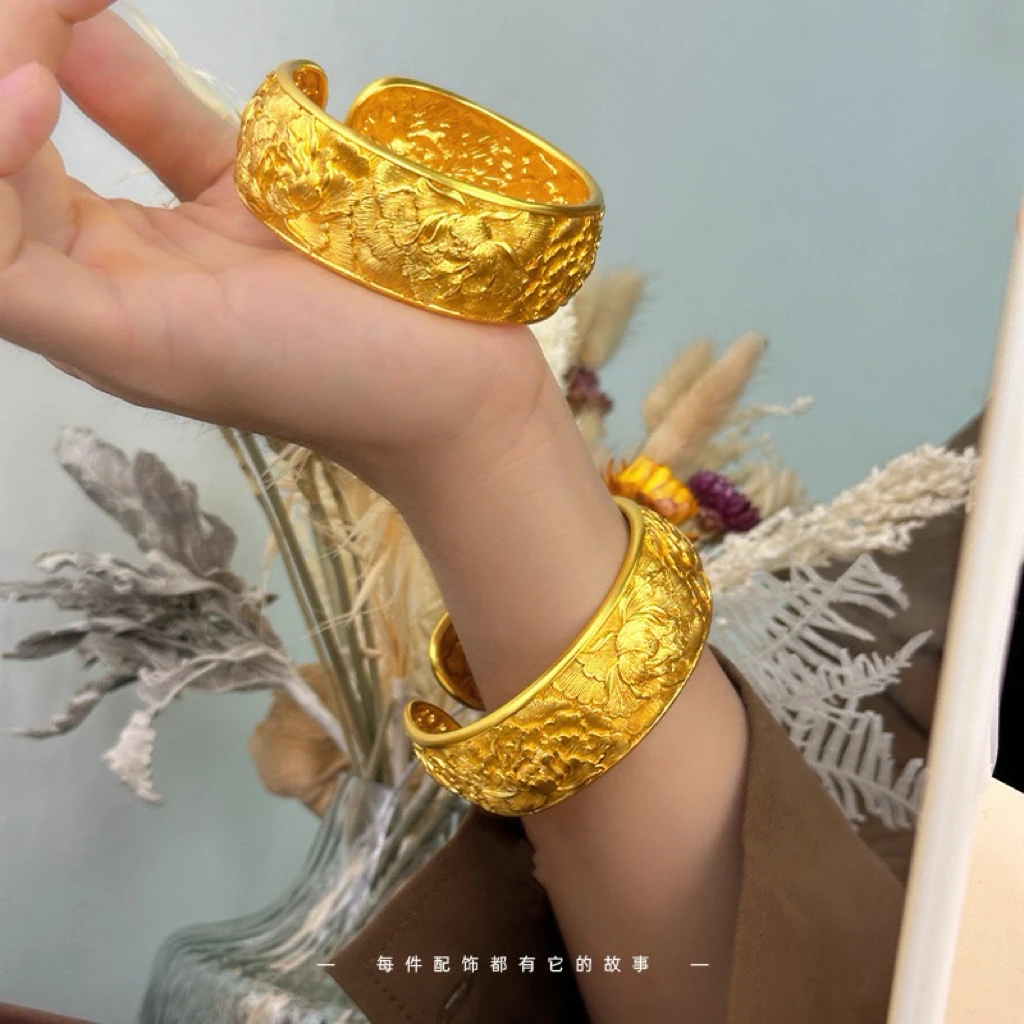 铜合金手镯 新中式精致高定版24mm錾刻牡丹花宽面开口手镯