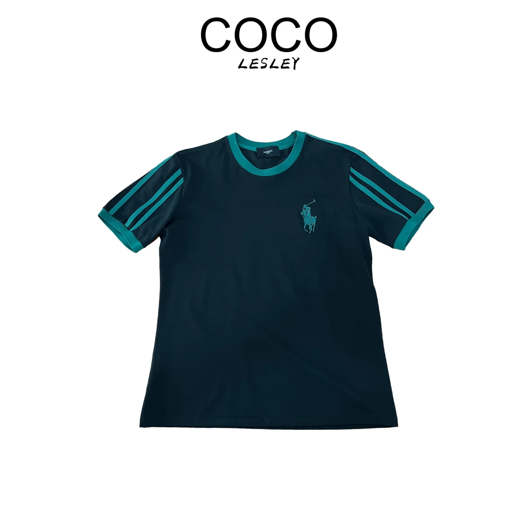 【COCO LESLEY】夏季新款拼接织带刺绣撞色圆领短袖T恤轻奢潮牌男装