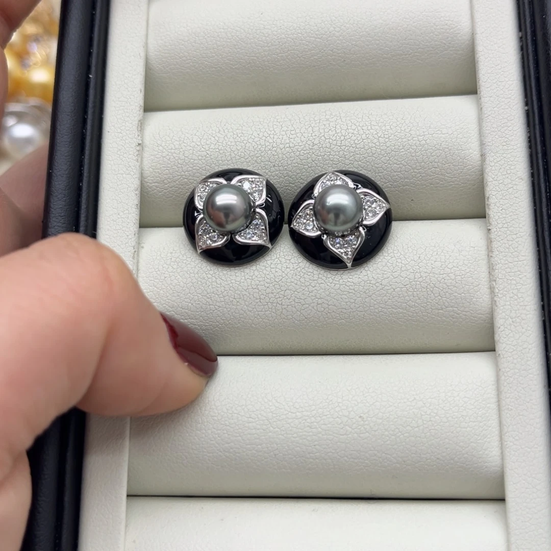 海水珍珠银S925镶嵌耳饰