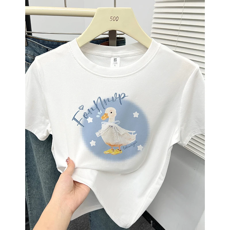 韩系ins小鸭子印花正肩短袖t恤女夏季2025新款时尚洋气圆领上衣服