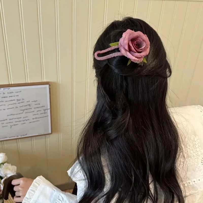 法式温柔玫瑰花发夹女氛围感后脑勺盘发头饰韩系半扎发一字夹2366