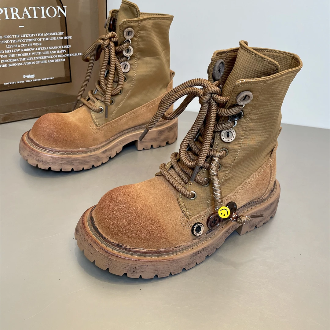 西班牙设计师款厚底黄色马丁靴女短靴2025圆头拼接擦色做旧大黄靴