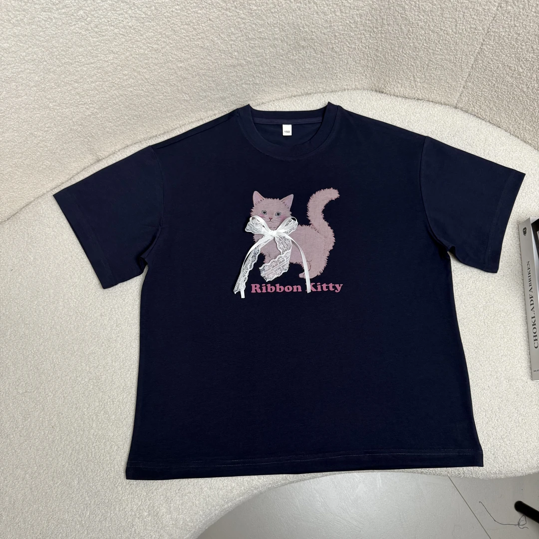 【2025夏款新品】青少年时尚圆领宽松猫咪短袖T桖HWX158