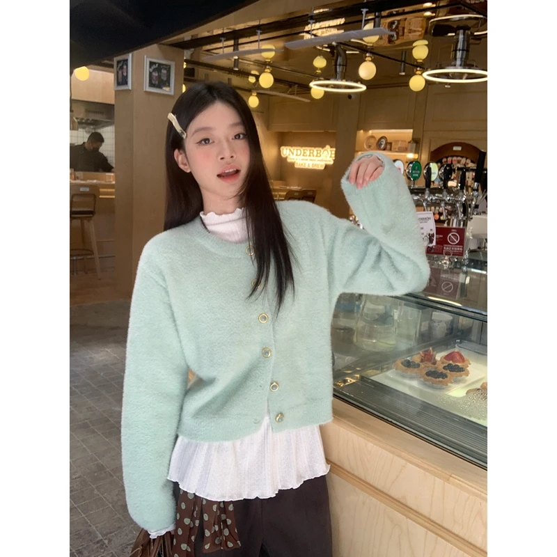 韩系薄荷绿浣熊绒毛衣开衫女秋冬季软糯慵懒风圆领单排扣针织外套