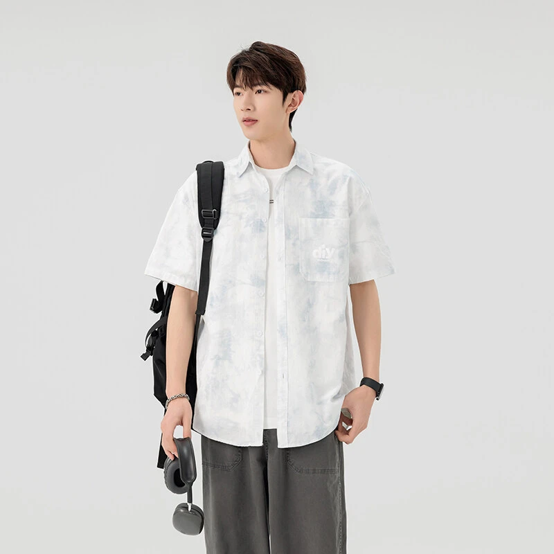 夏季新款休闲短袖衬衫男潮流印花日系港风复古韩版帅气痞帅渐变