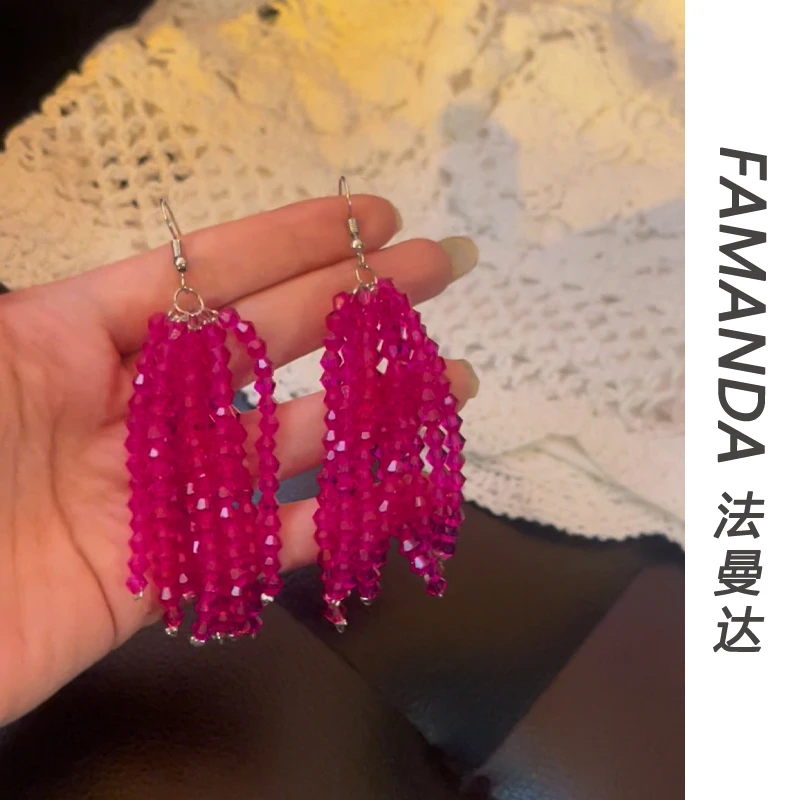铜合金仿水晶耳饰 【赫本女主】玫红色精致流苏长款吊坠耳钩耳环
