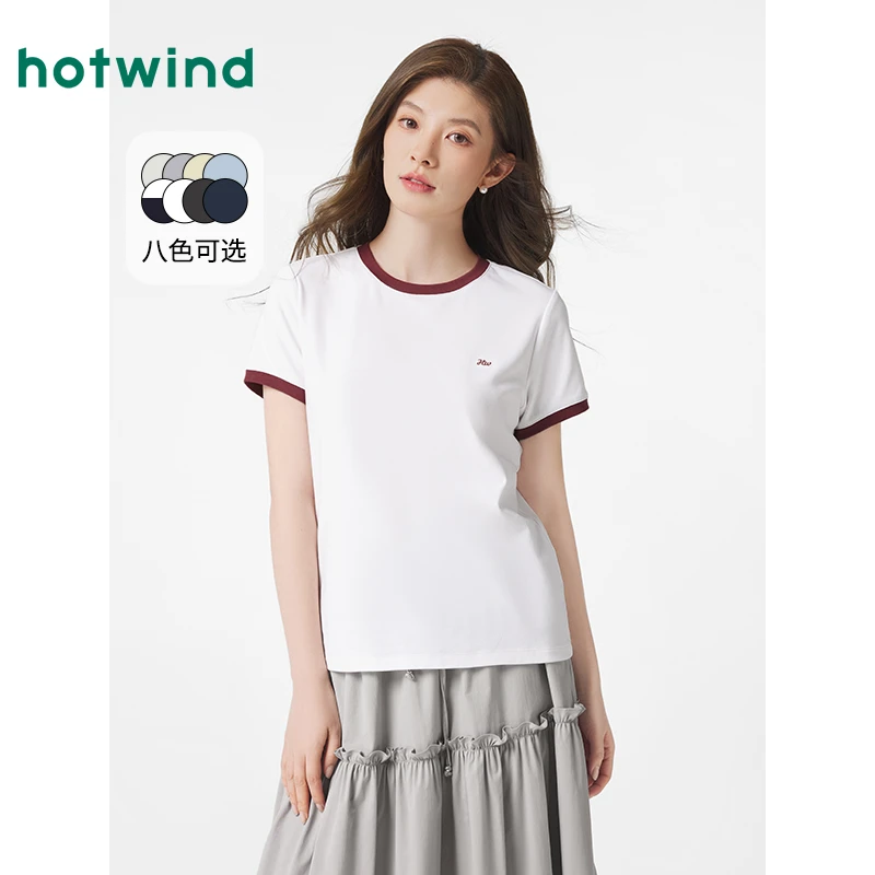 热风短袖T恤女2025年春季新款撞色基础运动休闲短袖上衣正肩短袖