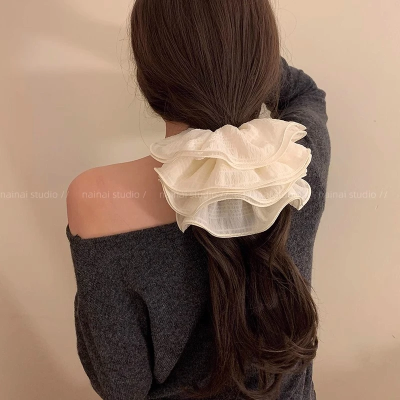 4层超大号！ 黑色+白色花边褶皱高级感大肠发圈慵懒法式韩系发绳女