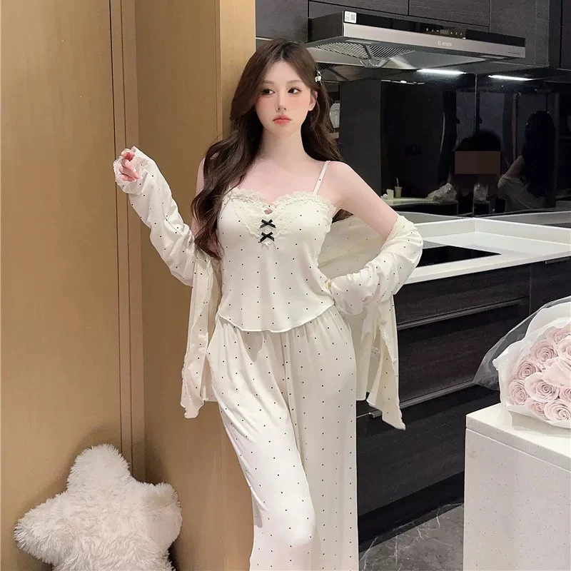 【奶糖啵啵】三件套代尔棉宽松吊带纯欲显白简约款长袖家居服可外穿