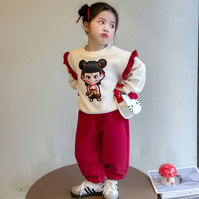 女童2025春秋新款韩版时尚哪吒花边小女孩套装女宝宝休闲两件套潮