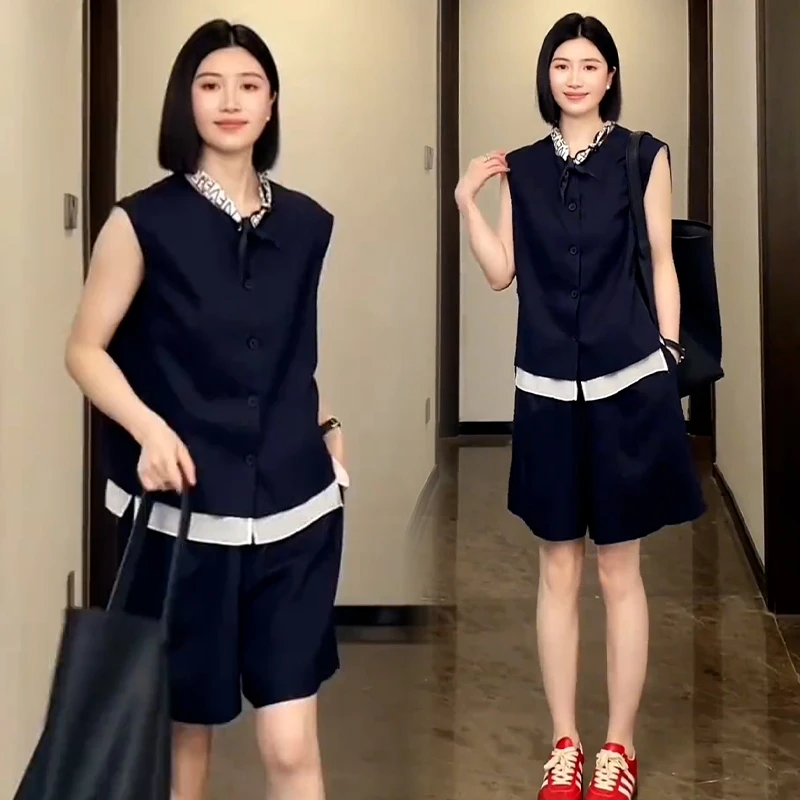 休闲简约套装女2025年夏季新款设计感假两件无袖上衣短裤两件套潮