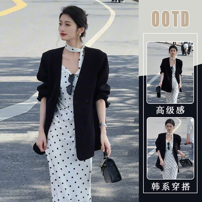 御姐风气质通勤套装女2025春季新款飘带波点连衣裙西装外套两件套