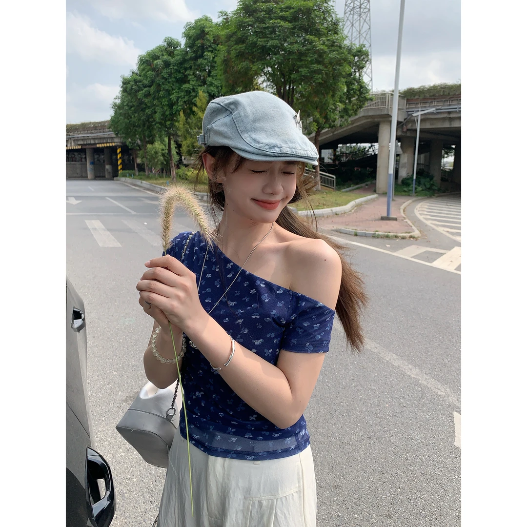 切糕自制【夏花烂漫】小个子春夏季小众品质女韩版斜肩碎花短袖T恤