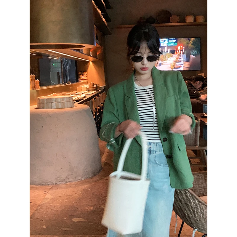 邹邹小个子新品 绿色亚麻西装女初秋气质显高显瘦高级感外套