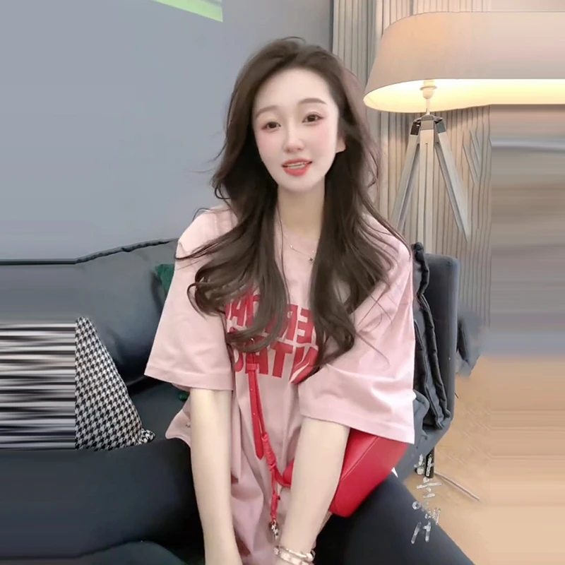 粉色温柔风字母印花短袖T恤女夏季新款宽松显瘦体恤气质休闲上衣