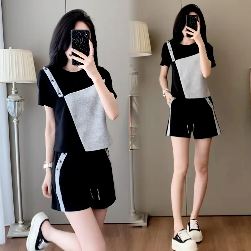 休闲设计感套装女2025年夏季新款小个子韩版撞色短袖短裤两件套