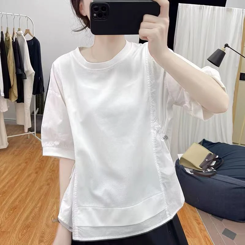 夏装时尚设计感灯笼袖拼接短袖T恤女圆领宽松衬衫2025新款体恤衫