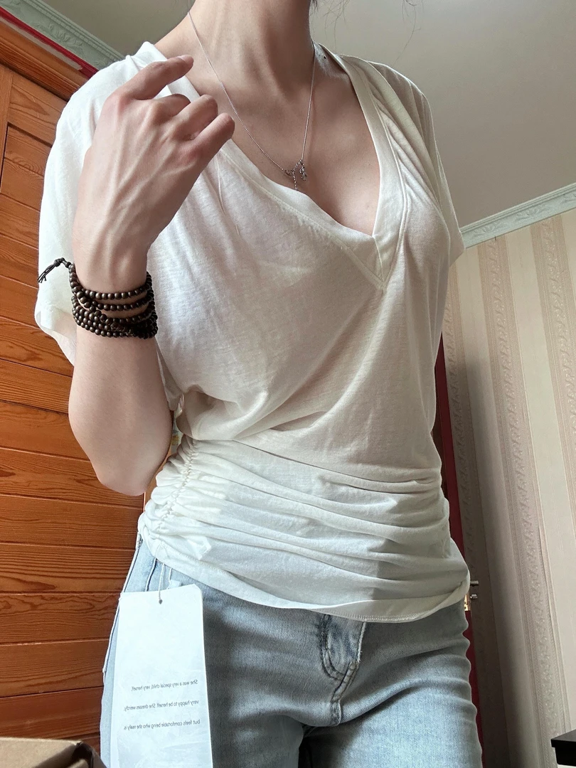 韩系白色V领蝙蝠袖T恤女夏季纯欲小个子气质宽松休闲显瘦收腰上衣
