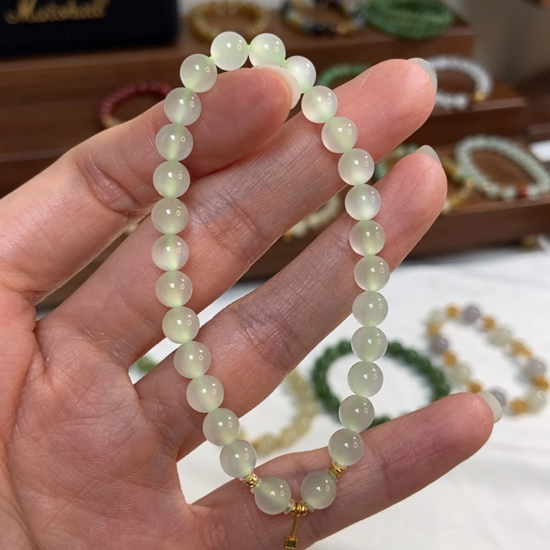 和田玉18K金镶嵌手链5.8mm高冰晴水猫