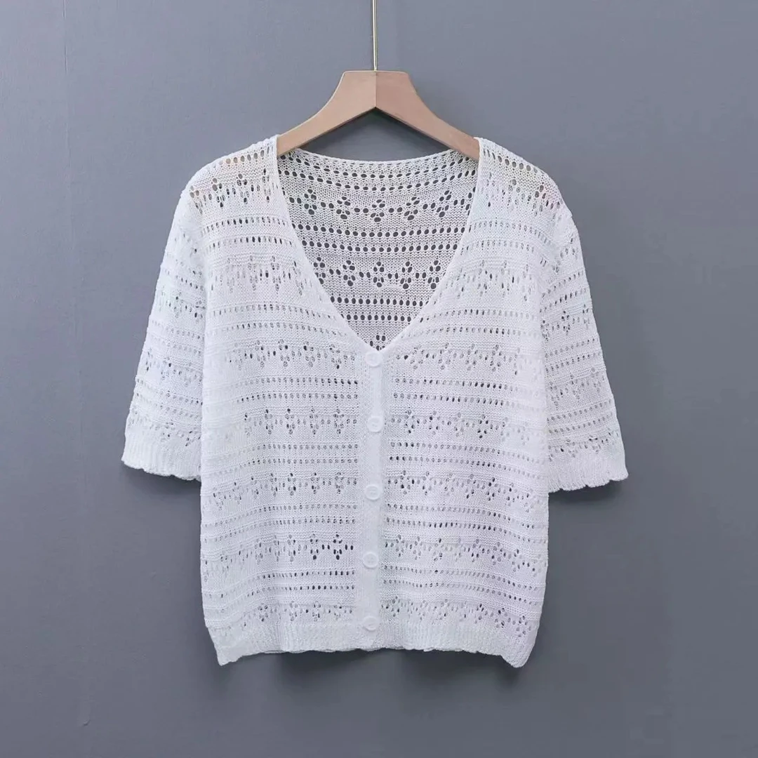 夏季短袖镂空恤新款薄款针织冰丝小开衫女士披肩外搭配吊带裙子潮