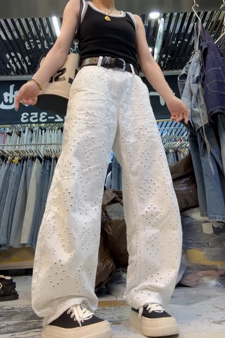 2025夏季新款高腰显瘦大码阔腿显瘦新款时尚休闲镂空松弛感牛仔裤